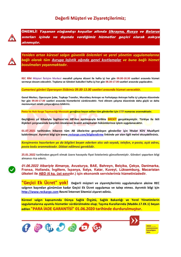 Ukrayna, Belarus ve Rusya'ya hizmetler askıya alındı... | Services to Ukraine, Belarus and Russia suspended...